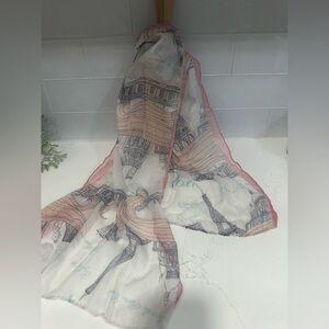 Vintage decorative Paris-themed scarf French-inspired White Pink Border 63"x20"